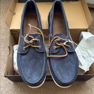 Speedy Top-Sider Mens Marine Suede Navy Boat Shoes with Tan Accents new